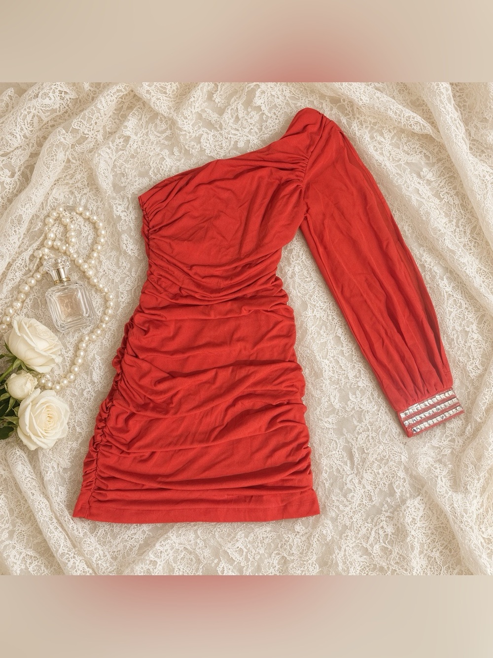 City Triangles Medium Red One Shoulder Dress | Rhinestone Cuff ❤️